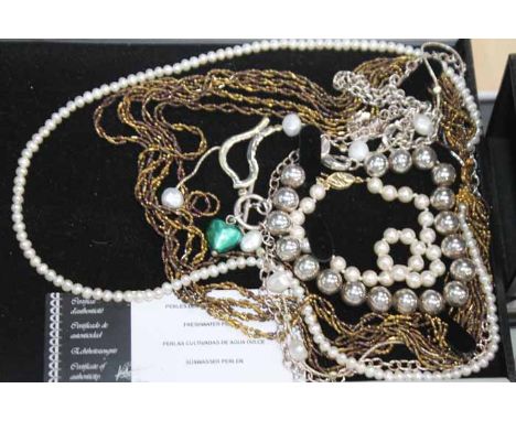 SELECTION OF SILVER, FRESH WATER PEARL AND COSTUME JEWELLERY
including an Art Deco style silver brooch modelled as a lady wal