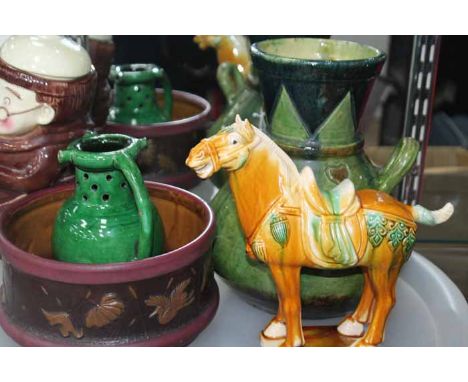 SELECTION OF EARTHENWARE CERAMICS
including Glasgow School Arts and Craft vase, Tang dynasty style horse figure, Victorian ae