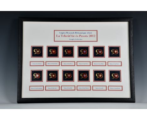 Poppy Appeal 2012 - Cased set of twelve Jersey Parishes the framed well mounted display showing enamel and gilt metal badges 
