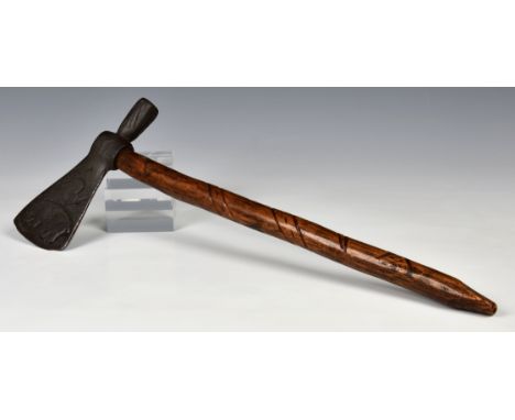 A Native American Tomahawk / Peace Pipe wooden handle with carved snake decoration, the axe head having portrait and sun to o