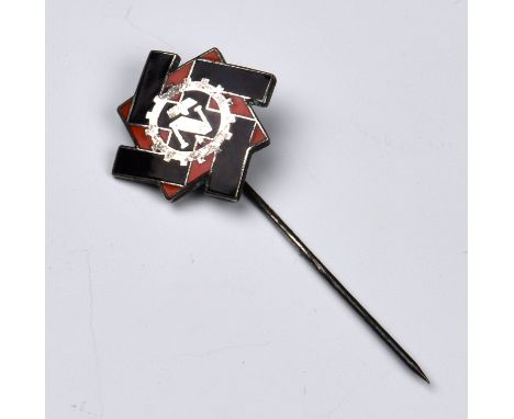 A German Technische Nothilfe (Teno) lapel stick pin of alloy and enamel construction , black canted swastika, on red square f