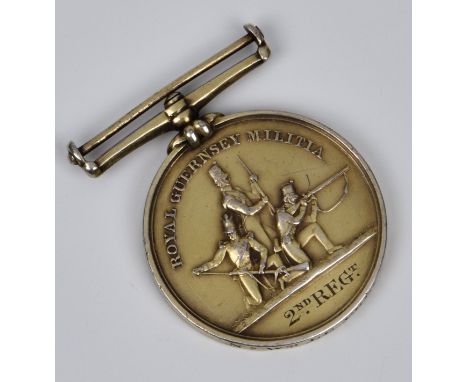 Channel Islands interest - Royal Guernsey Militia shooting medal obverse, 'ROYAL GUERNSEY MILITIA' above three figures and '2