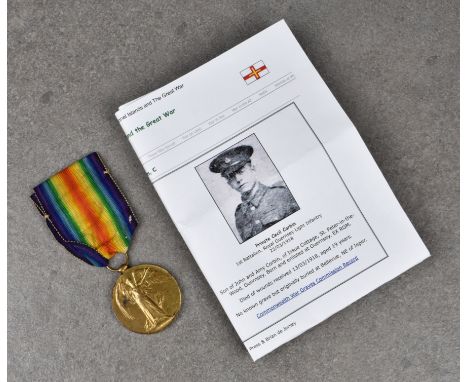 A WWI Royal Guernsey Light Infantry Victory medal issued to 478 PTE. C. CORBIN. R. GUERNSEY L. I., died of wounds received 13