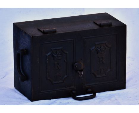 A Victorian military cast iron strongbox the single door with inset Crown over R and the military broad arrow, a single loop 