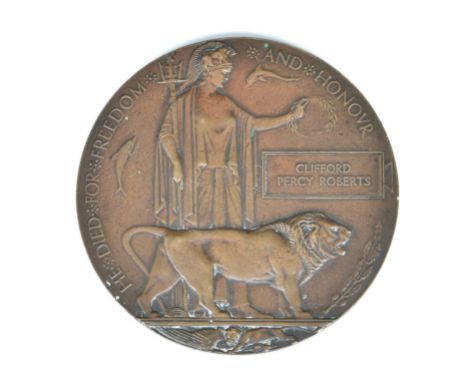 A World War One (WWI) Death Plaque - Relating to Clifford Percy Roberts (Guernsey) Service number 688, 1st BN. Royal Guernsey