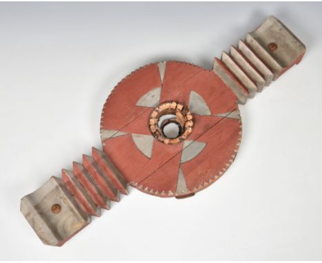 An unusual and rare German bunker ceiling light mount wooden, carved with central light bracket to swastika and concertina ef