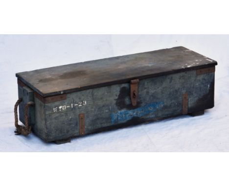 A painted wooden British Military Carpenters tool box with unassociated vintage tools mostly of the era, of rectangular form 