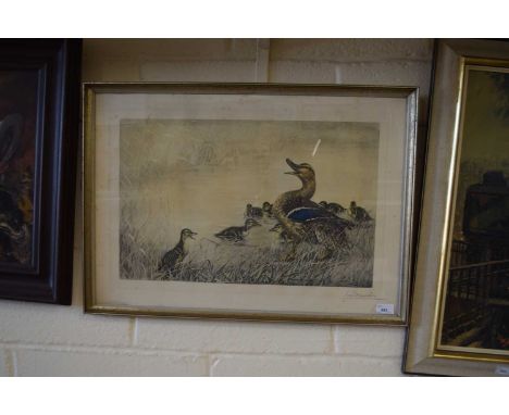 A coloured print of a duck family, indistinctly signed in pencil