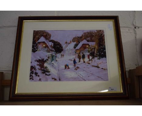 Winter street scene, reproduction print, framed and glazed