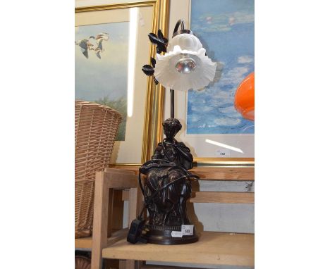A bronzed figural lamp with frosted glass shade