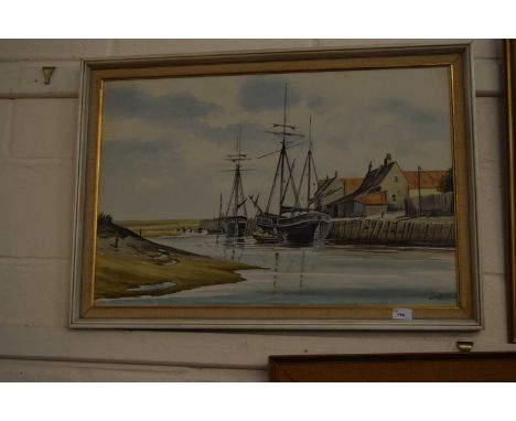 Boats in harbour, gouache on board by G R Sayers, framed
