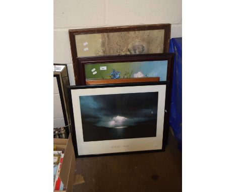 Mixed Lot: Vintage photograph of a Willhire Truck, still life of flowers, a framed Norwich Mercury page and a coloured print 