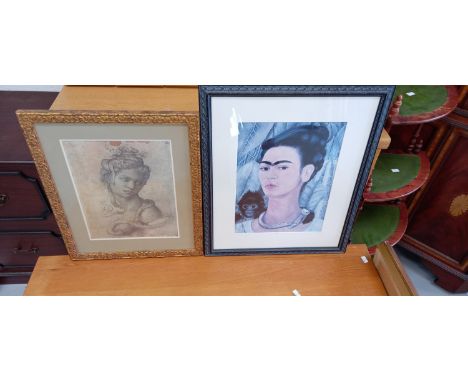 Interior design interest - A Frida Kahlo framed print, 62cm x 41cm, self portrait, together with another portrait print 54 x 