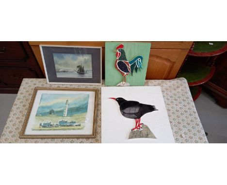 Two unusual mosaics of birds on wooden boards, signed K A Johnson, a Tony Warren watercolour and one other print.