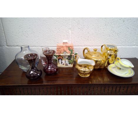 'Leonardo' cottageware decorative teapot, A pair of small 'Kernewek' Cornish drip glazed vases, along with a mix of ceramics.