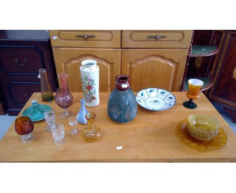 'Lovatt Langley ware' vase. Four pieces of 'Wedgwood' Blue Jasperware with Greek design. A mix of ceramic and glass items.