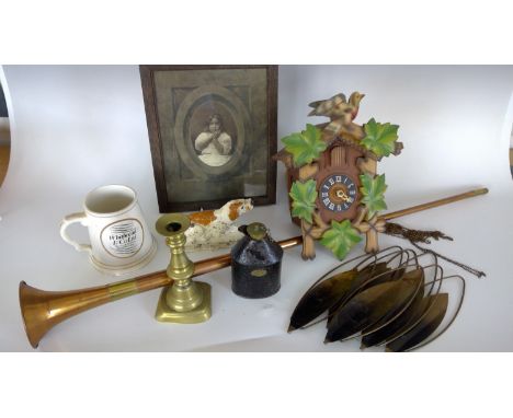 German-made cuckoo clock weights lacking, copper and brass hunting horn, tin cream jug, Whitbread &amp; co LTD commemorative 