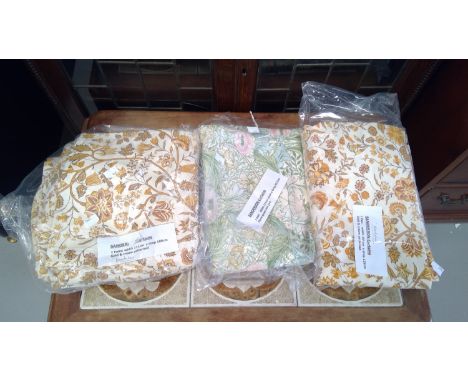 'Sanderson' curtains, three pairs of Gold and Cream, 2x Width 111, length 110cm, 1x width 155cm length 125cm. One pair of flo