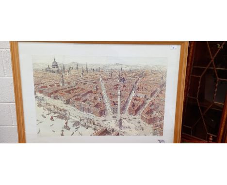 Three topographical prints - 'Wren's London', signed Paul Draper and two others, together with a framed advertising print for
