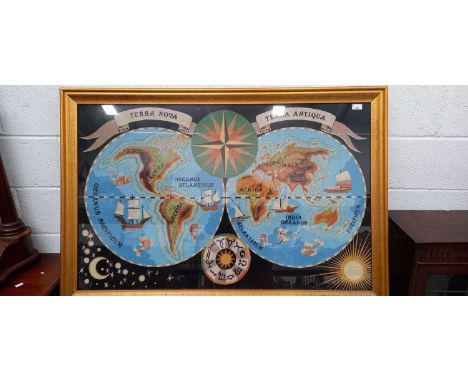 A large framed tapestry of a map of the earth 85cm x 126cm, together with another embroidery and a print.