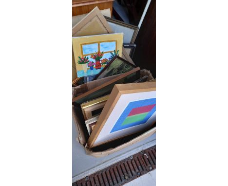 A Herbert Truman print and a naive acrylic still-life, together with two boxes of other paintings.