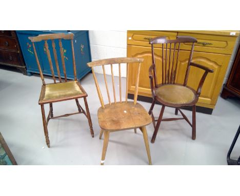 Ercol stick back chair and two Edwardian chairs.