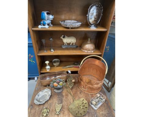 A copper coal bucket, ceramic handled copper planter, door stop etc in one box.