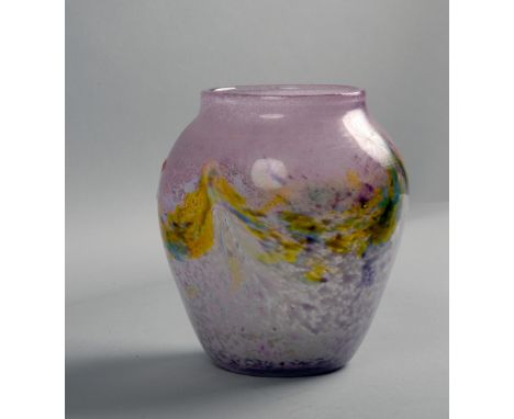 A Monart model pink vase of baluster form with splashes of yellow and blue with original coded ladel to base, 6in h.