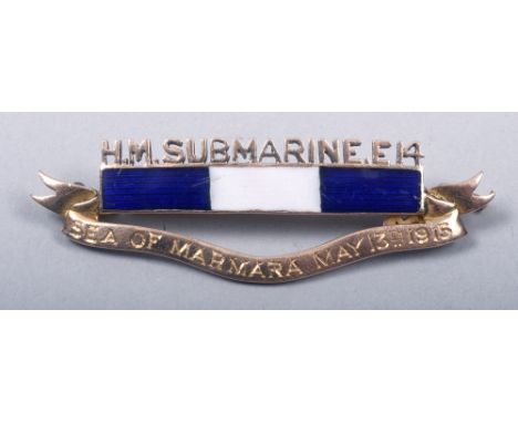 A 9ct gold and enamel commemorative brooch for HMS Submarine E14, Sea of Marmara, May 13th 1915, being a gift from Reggie to 