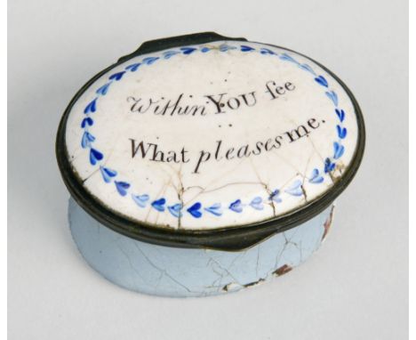 A Bilston enamel patch box of blue and white ground, the lid with internal mirror and with the words 'Within you'll see what 