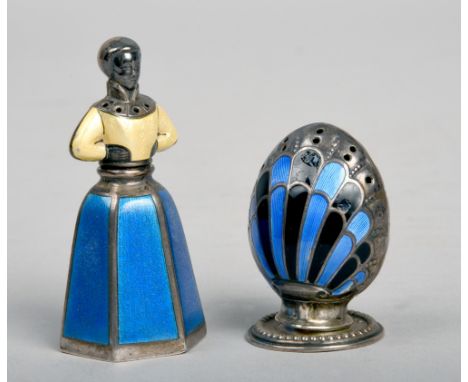 A Norwegian Jacob Tostrup silver and enamel condiment in the form of a lady with a long skirt and an orb, .925 standard, 2.5i