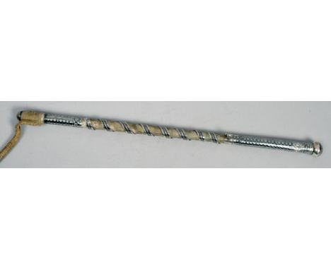 A 19c Caucasian Russian riding whip, the whip handle bound with silver niello forming a chequered pattern handle with knop, t
