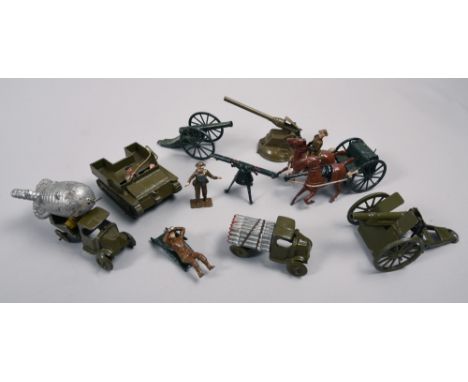 Collection of cold painted military and army figures and vehicles including cannons and truck,some by Britains.