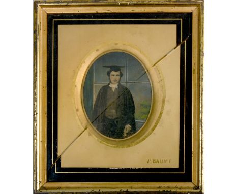 An oval framed miniature coloured photographic portrait by Jonathon Baume of Jon Samuel Sidebotham, framed and glazed, 3.5in 