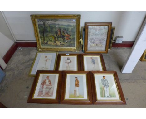 A set of six cricket prints, a print of a sampler, etc. (10)