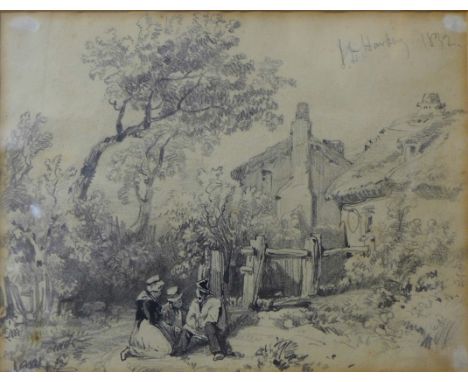 James Duffield Harding (1797 - 1863), figures by a cottage gate, pencil drawing on paper, 15 x 19cms, framed