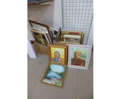 Two boxes of assorted paintings and prints