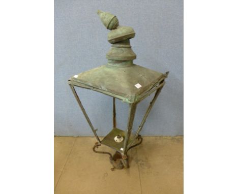 A 19th Century copper street lamp top with steel cradle and collar, Avil Works, Bradford