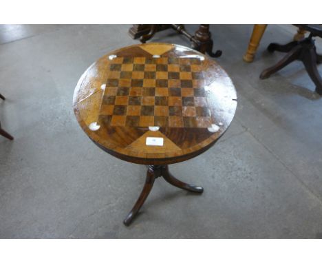 A Victorian mahogany inlaid tripod games table, a/f