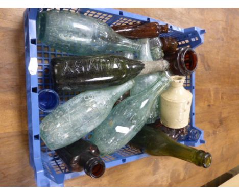 Two boxes of vintage glass & stoneware bottles