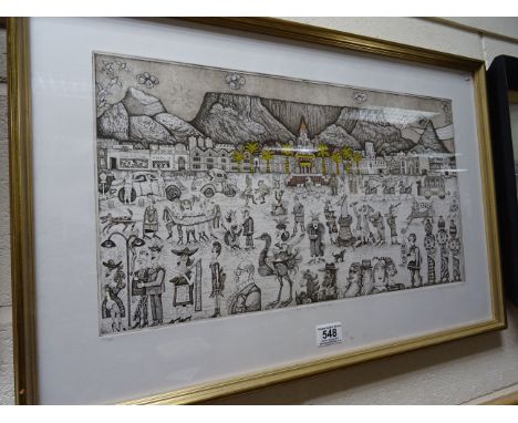 Large Pen & Ink Etching with Colour Tints ' The Grand Parade ' no. 5/60, signed and dated in pencil, framed and glazed