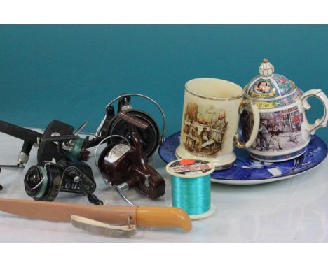 Four vintage Fishing reels and a fishing knife with sheath plus a small selection of ceramics and glass