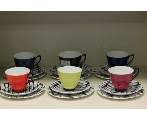 Set of six Royal Albert Art Deco teacups, saucers and sandwich plates in South Pacific pattern