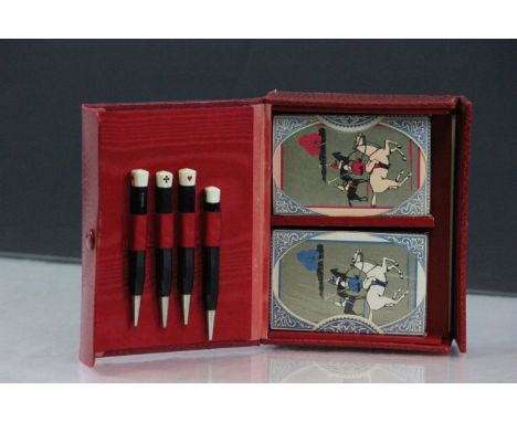 Vintage Cased Bridge Set comprising Four Propelling Pencils, Two Packs of Sealed Playing Cards featuring Polo Players and Bri