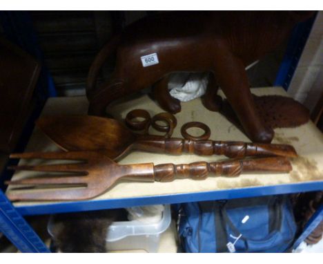 Large Hardwood Carved Lion together with a Pair of African Wooden Carved Oversized Salad Servers, Wall Bracket and Four Bangl