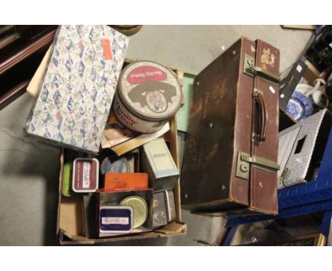Large group of mixed collectables to include; scales, fire screen, tins, leather case, butler tray