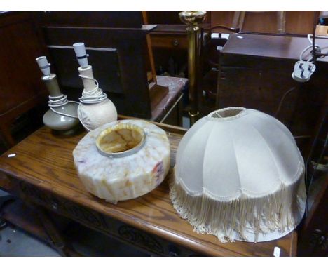 Seven vintage lamps with shades and a Deco style glass light shade