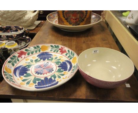 Large hand painted Continental pottery dish with floral design & a pink & cream ceramic bowl