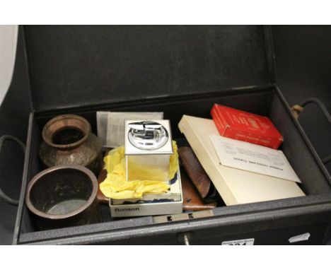Metal cash tin and a small Leather case with mixed collectables to include a Zeiss Ikon camera, travel clock, lighter, nut cr
