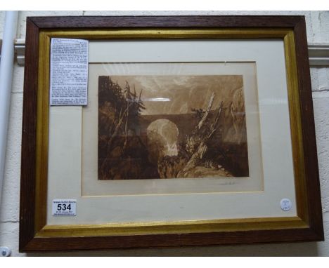 Sir Frank Short (1857-1945) original Sepia mezzotint of bridge over a gorge, published 1886, signed in pencil, framed & glaze